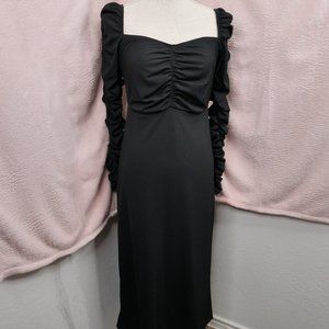 Topshop Ribbed Black Midi Dress with Ruched Sleeves and Bodice
